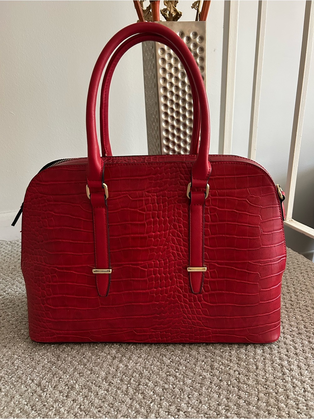 TEXTO Red Croc-Embossed Dome Satchel Handbag